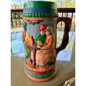 Vintage Ceramic Beer Stein with Relief Tavern Scene Tree Branch Handle